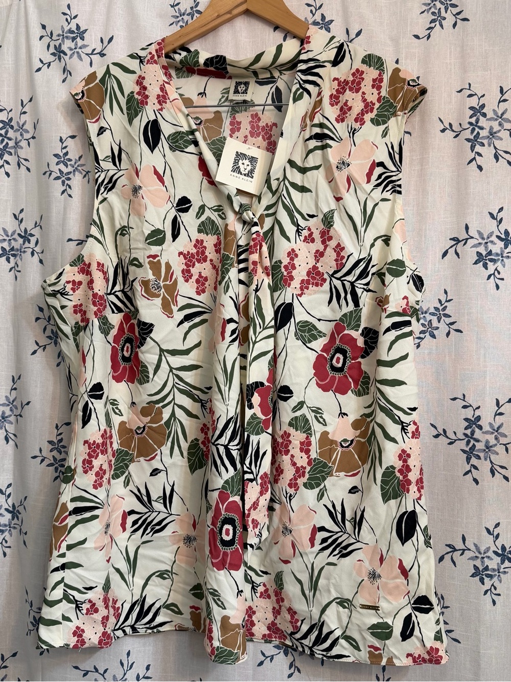 Anne Klein Cream Floral Tie-Neck Sleeveless Top with Red & Green Accents